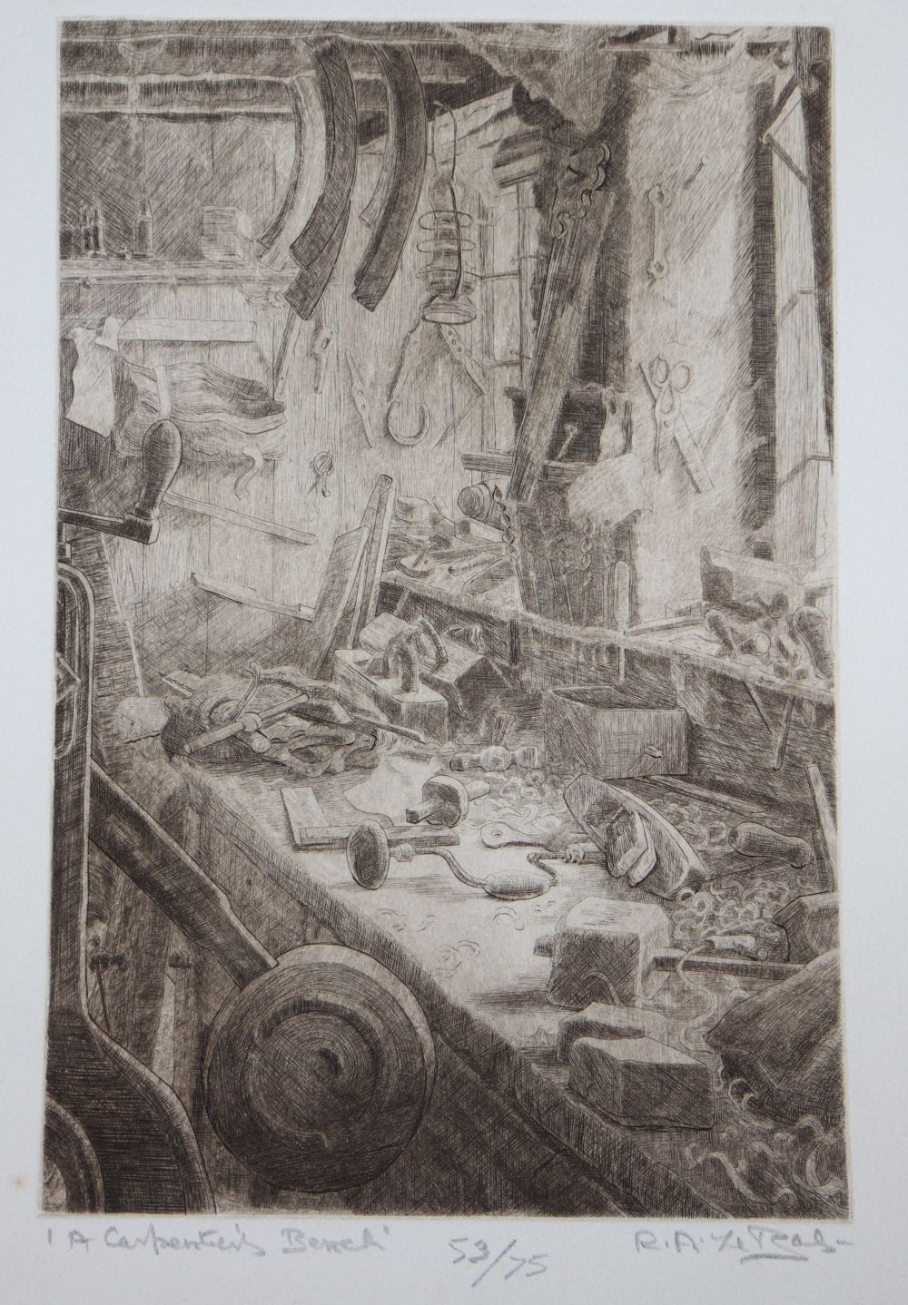 R A Letgas, etching, A carpenters bench, signed, 53/75, 19 x 12cm, unframed
